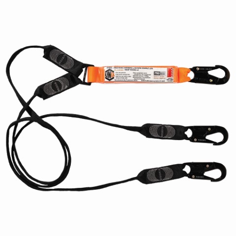 LINQ SHOCK ABSORBING WEBBING LANYARD DBL LEG; 3 X SNAP HOOK